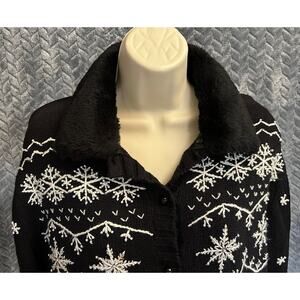 Festive Winter Snowflake Cardigan Sweater Size L Removable Fur Collar Holiday
